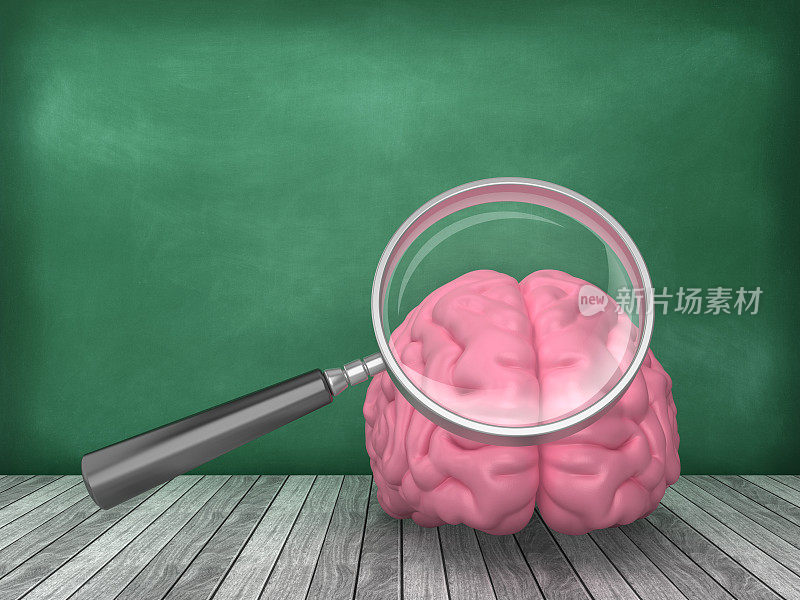 人类大脑与放大镜在黑板背景- 3D渲染